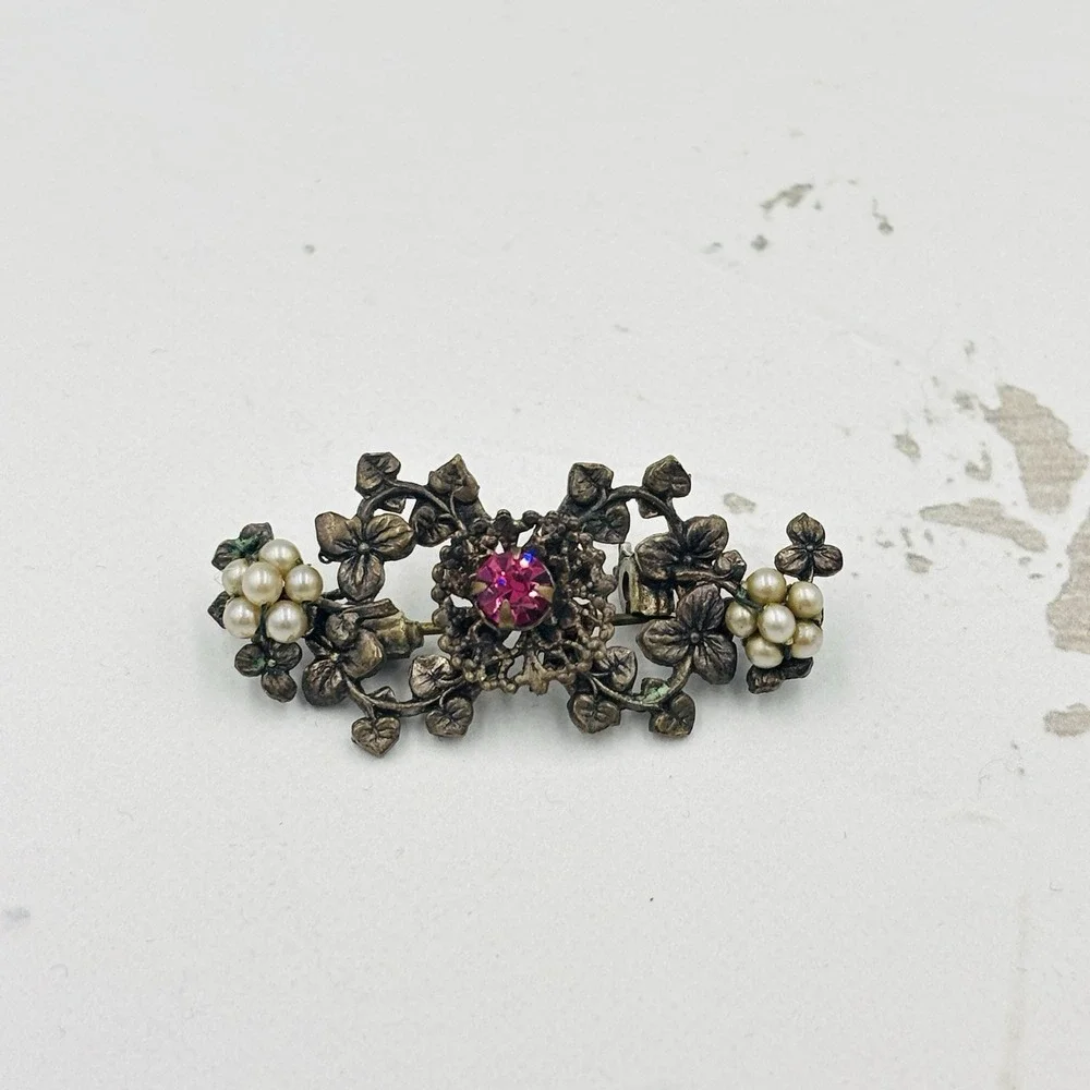 Vintage Mid Century Brass Filigree Brooch Hand Wired Pearls and Pink Rhinestone